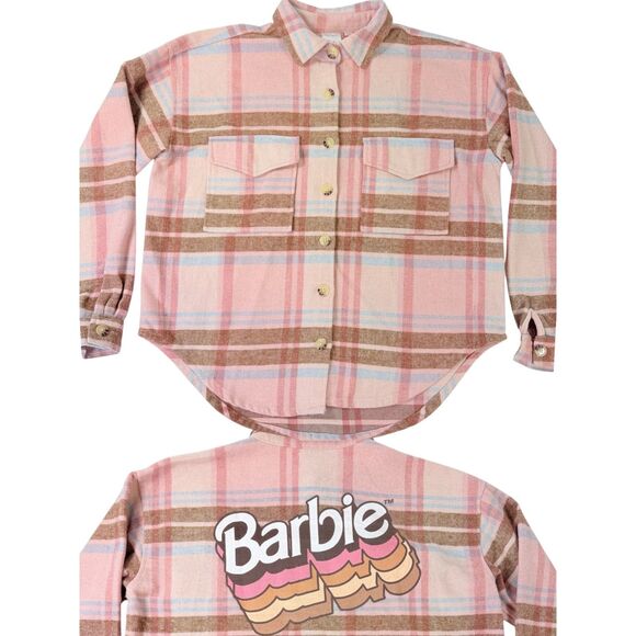 Barbie Tops - Barbiecore Shacket Pink Plaid Retro‎ Logo Oversized Flannel Barbie Small